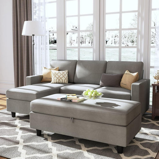 Grey Sectional Sofa Set with Ottoman  L-Shaped Chaise