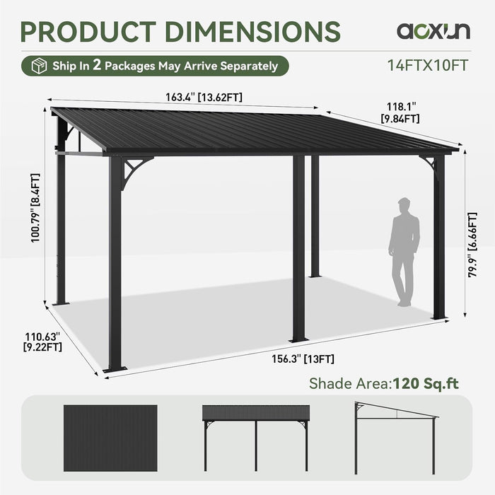 10' X 14' Lean to Gazebo, Upgraded Hardtop Outdoor Pergola with Sloping Galvanized Steel Roof, Large Wall-Mounted Heavy Duty Awnings for Patio, Backyard, Deck, Porch (Black)