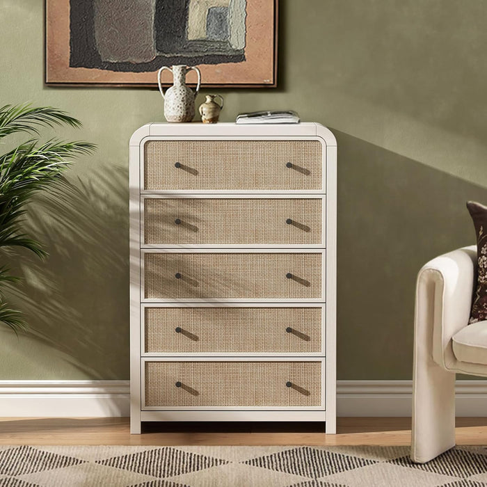 5 Drawer Tall Dresser for Bedroom, 47'' Rattan Dresser with Ample Storage, Boho Chest of Drawers, Thickened Curved Profile Design, Oak Dressers for Bedroom, Living Room