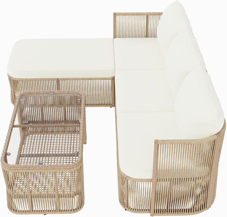 Outdoor Patio Furniture Set, PE Rattan Wicker Conversation Sofa Set with Iron Frame Cushions and Glass Top Coffee Table, Modular Backyard Balcony Seating Set, Dark Beige