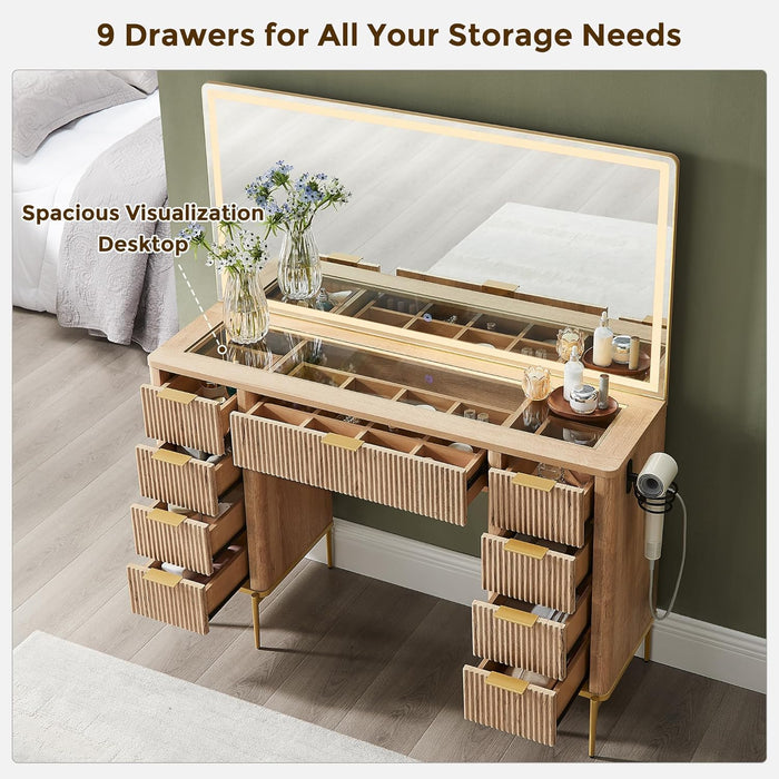 48" Fluted Makeup Vanity Desk with 48" Large Mirror and HD Lights, Modern Vanity Table with 9 Drawers & Charging Station, Glass Top and Golden Handles Dressing Table for Bedroom,Natural Oak