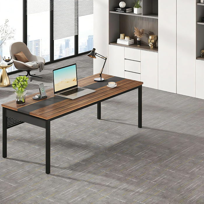 70.8-Inch Executive Desk, Large Office Computer Desk Workstation, Modern Simple Style Laptop Desk Study Writing Table Business Furniture for Home Office (Brown and Black)