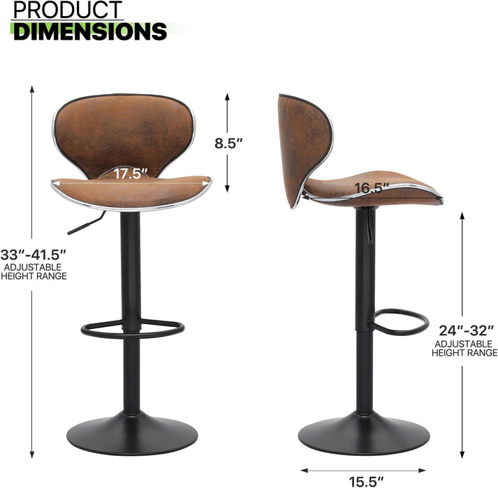 Bar Stools Set of 2 Adjustable Counter Height PU Leather Modern Swivel Barstools W/Back and Footrest Kitchen Counter Chairs, Coffee Color