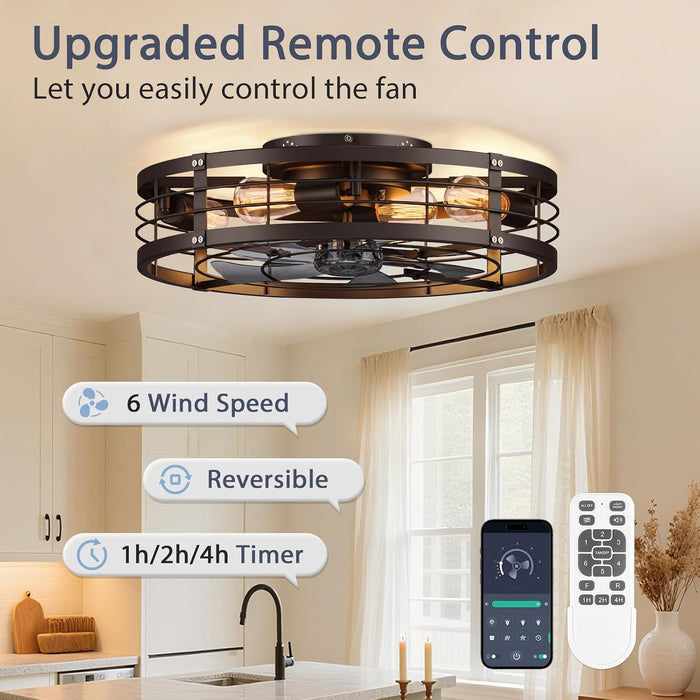 24'' Caged Ceiling Fan with Light and Remote,Rustic Low Profile Ceiling Fan with Light Flush Mount, Black Farmhouse Bladeless Fandelier Ceiling Fans with Lights for Kitchen,Bedroom