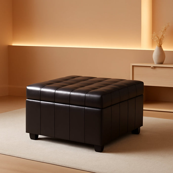 31" Square Storage Ottoman,Linen Footrest with Wooden Legs,Upholstered Button Tufted Coffee Table for Living Room,Brown