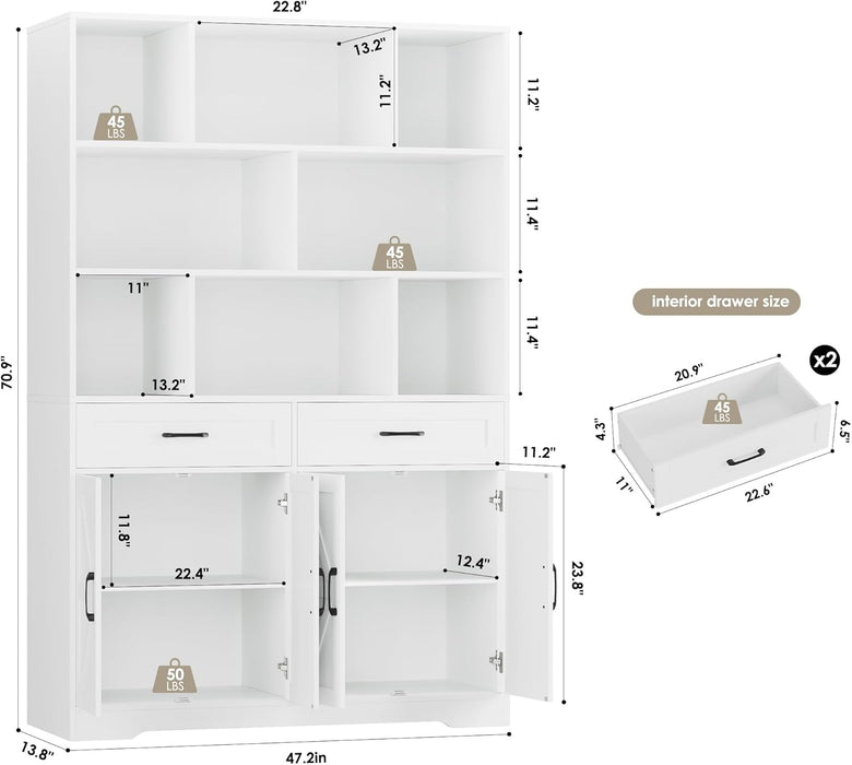 71" Tall Bookcase with Drawers and Doors, 47" Wide Book Shelf and Bookcase with Storage, 6 Tier Large Book Storage Cabinet with 14" Deep Display Shelves for Living Room, Home Office, White