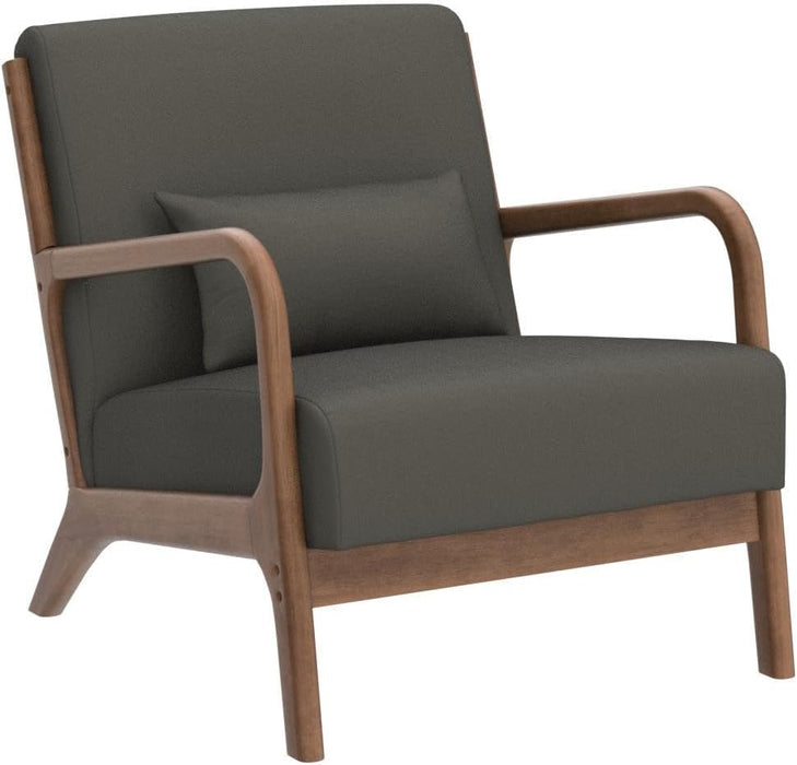 Mid Century Modern Accent Chair with Wood Frame, Upholstered Living Room Chairs with Waist Cushion, Reading Armchair for Bedroom Sunroom (Green)