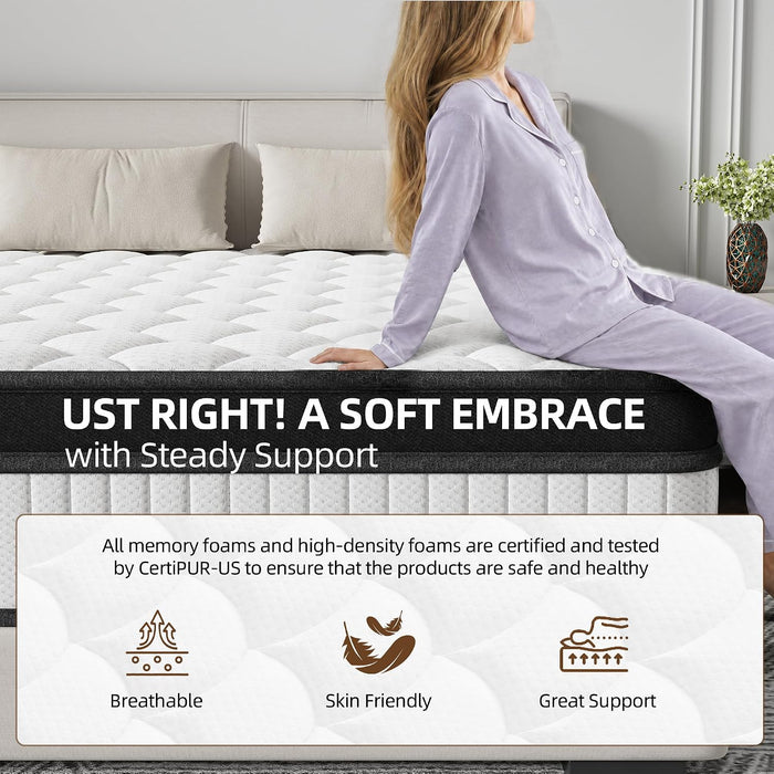 14 Inch Queen Hybrid Mattress - Medium Firm Memory Foam and Pocket Spring Bed in a Box - Cooling Gel for Pressure Relief, Certified Motion Isolation, Fiberglass Free Mattress for Queen Bed