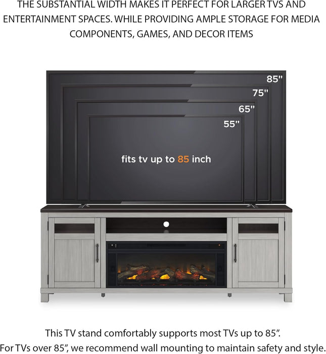 Darborn Casual 88" TV Stand with Electric Fireplace for Tvs up to 101", Light Gray/Dark Brown
