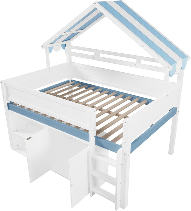 WhiteBlue Full Size Loft Bed WithIntegratedStorage
