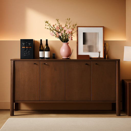 Brown Sideboard Buffet Cabinet, Modern Storage Accent Entryway Cabinet with 4 Doors, Farmhouse Wooden Buffet Media Console Credenza for Living Room/Kitchen/Hallway