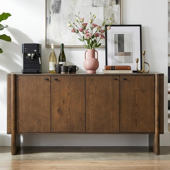 Brown Sideboard Buffet Cabinet, Modern Storage Accent Entryway Cabinet with 4 Doors, Farmhouse Wooden Buffet Media Console Credenza for Living Room/Kitchen/Hallway