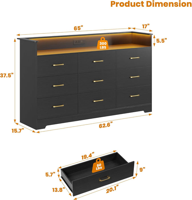 9 Drawer Dresser for Bedroom - 65” Wide Chest of Drawers with LED Light and Charging Station, Modern Large TV Stand Cabinet Organizer with Open Shelf for Living Room, Entryway, Hallway, Black