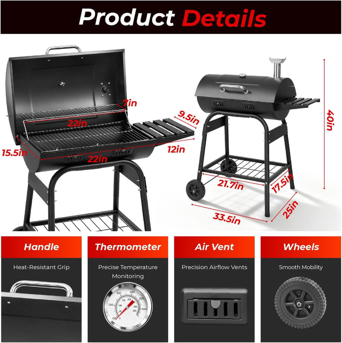 Upgraded Barrel Charcoal Grill with 2 Sides Table, BBQ Grill Outdoor Smoker with Wheels for Party Garden Patio and Backyard Cooking 39''D × 24''W × 46''H (Upgraded Grill W/Side Table)