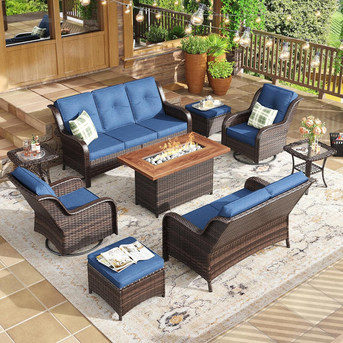 9 Piece Outdoor Patio Furniture Sets,Wicker Conversation Set with 3-Seat Sofa,2 Swivel Chair,2 Side Tables,2 Ottomans,1 Fire Table and 1 Lover Sofa for Garden,Brown Rattan Blue Cushion