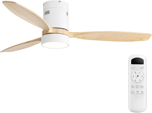 52 Inch Wood Low Profile Ceiling Fans with Lights and Remote, Modern Flush Mount Quiet Ceiling Fan for Bedroom, Reversible DC Motor for Living Room/Farmhouse/Patio/Indoor/Outdoor(White+Wood)