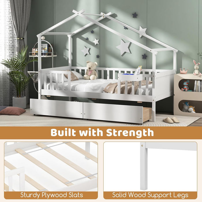 Twin House Bed White With IntegratedStorage Drawers