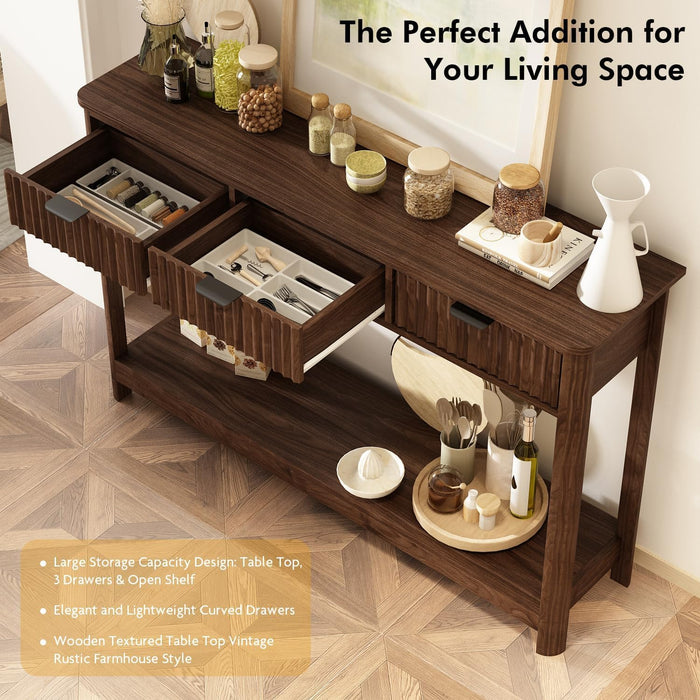 Fluted Wood Console Table with 3 Drawers, Boho Narrow behind Couch Entryway Table with Open Storage Shelf, Modern Sofa Table for Living Room, Foyer and Hallway (Dark Walnut)