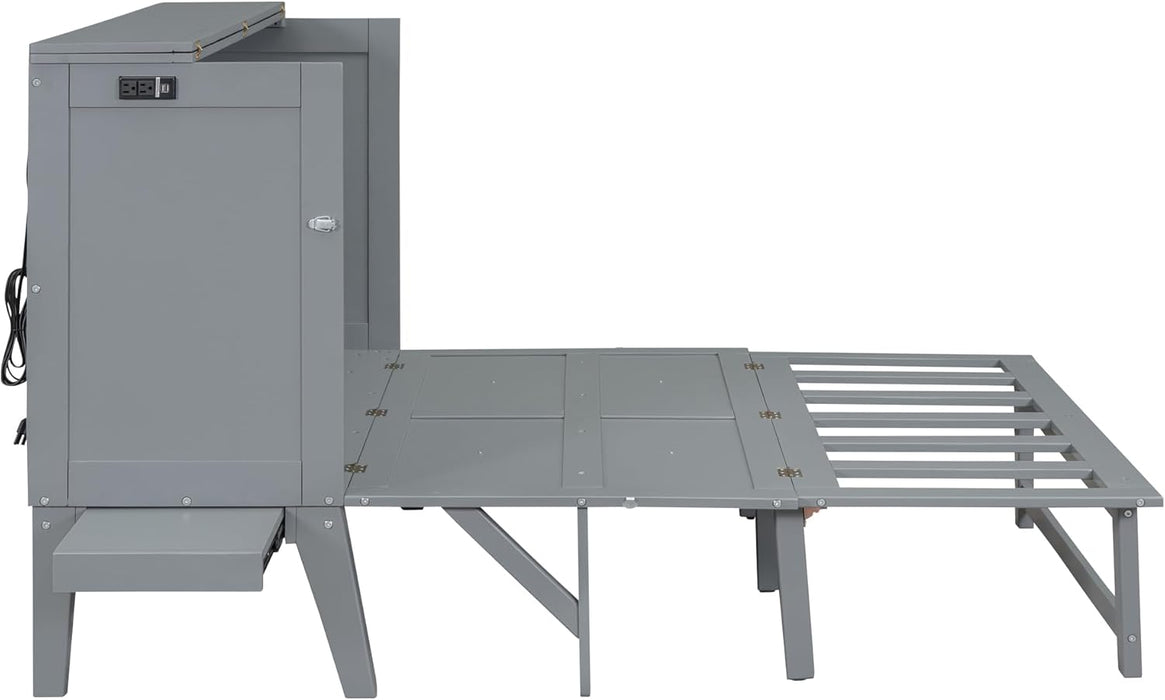 Full Size Murphy Bed with USB Port, Desk and Removable Shelves on Each Side, Full Platform Bed Wood Frame, for Guest Room Home Office - Gray