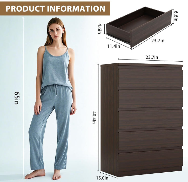 Modern 5 Drawer Dresser for Bedroom, 15" D X 23.7" W X 40.4" H in Simply Chest of Drawers (Brown)