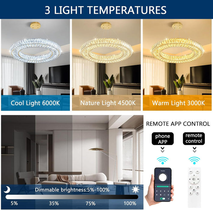 23.6'' Modern LED Ring Pendant Light Dimmable Crystal Chandelier for Dining Room Living Room Bedroom Gold