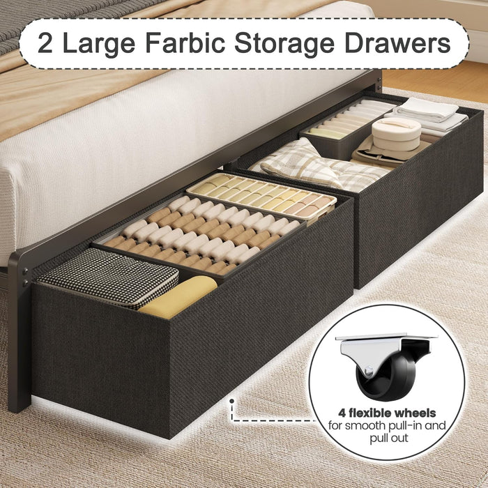 Twin Bed Frame with Storage Drawers, Upholstered Headboard with Charging Station, LED Lights, Fabric Drawers with Wheels, under Bed Storage, No Box Spring Needed, Easy Assembly, Grey