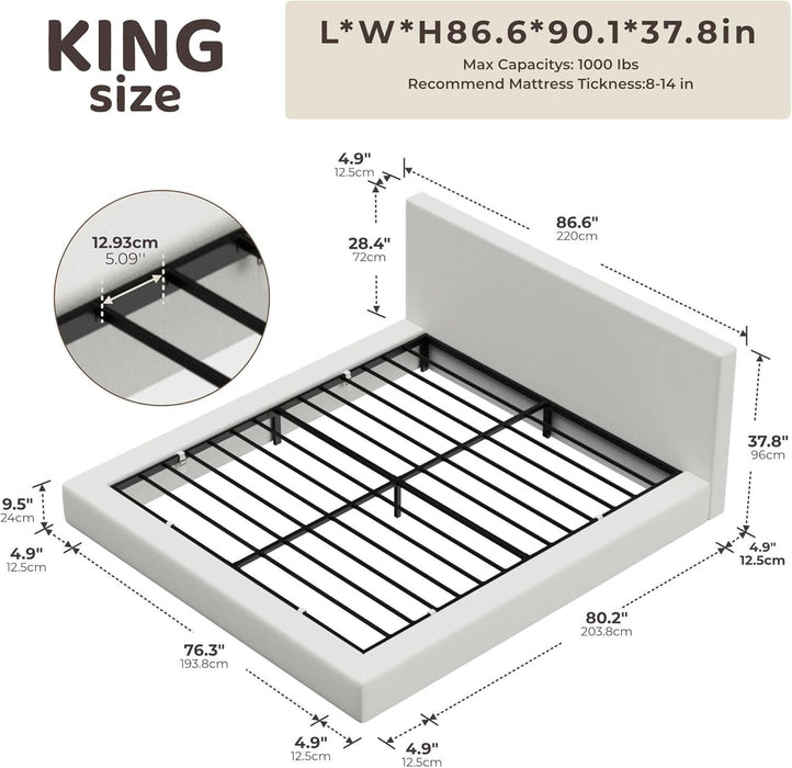 Cloud Upholstered King Bed Frame with Headboard, 5 Inch Foam Padded Platform, No Box Spring, Easy Assembly (Snow White)