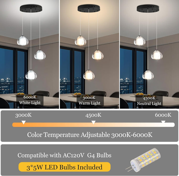 Black Crystal Chandeliers for Kitchen Island 3-Lights, Modern Indoor LED Bubble Pendant Light Fixture for Dining Room Foyer Entryway