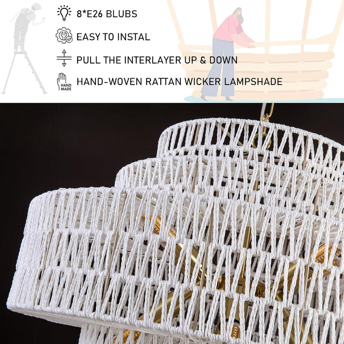 28.7In Large Coastal Chandelier White Rattan Light for Living Room