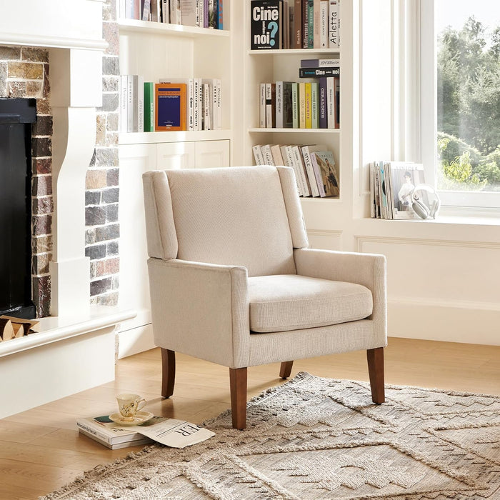 Beige Chenille Upholstered Wingback Chair With Wood