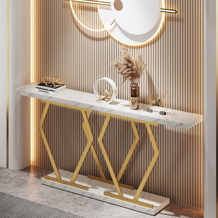 70.9 Inch Extra Long Sofa Table， White and Gold Console Table with Faux Marble Tabletop, Modern Long Entryway Table with Gold Frame