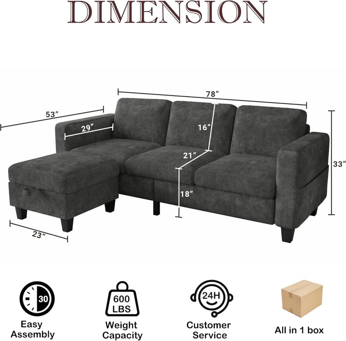 Couch for Living Room - Small Space Couches Sectional L-Shaped Sofa, 3 Seat Modern Couch, Sofas Convertible with Storage Ottoman for Small Space, Bedroom, Offices and Apartments - Grey