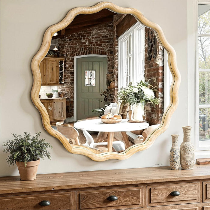 Circle Wood Mirrors for Wall, Wavy round Bathroom Scalloped Mirror Wooden Frame 24 Inch for Living Room Farmhouse Bedroom Hallway Entryway Living Room with Shatterproof Glass Wall Mounted