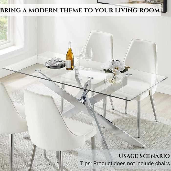 58.5” Rectangle Glass Dining Table, Tempered Glass Tabletop and Metal Tubular Legs, Modern Style Table for Home, Kitchen, Dining Room 58.5”Lx29”Wx30”H, Silver