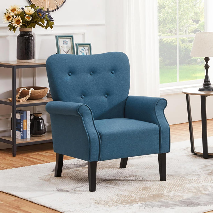 Modern Armchair, Mid Century Accent Chair with Sturdy Wood Legs and High Back for Small Space, Upholstered Fabric Sofa Club Chair for Living Room/Bedroom/Office, Navy Blue