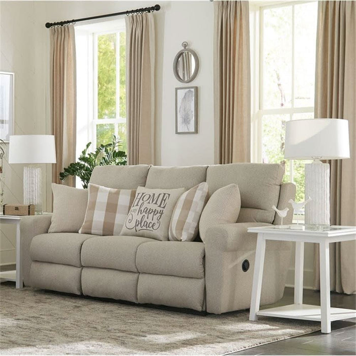 Eastland Lay Flat Reclining Sofa in Beige Fabric with Accent Pillows