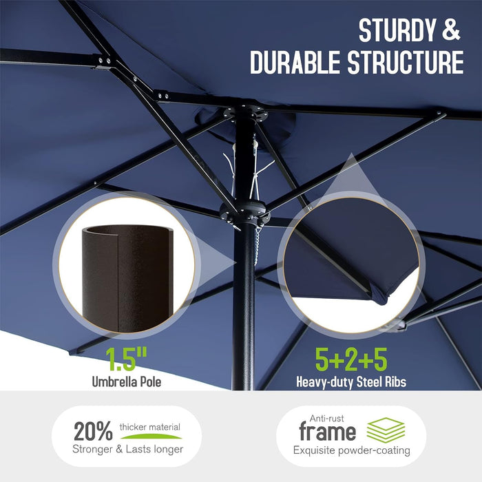 Patio Outdoor Table and Chairs Set with Umbrella Navy, Patio Dining Sets for 6, 7 Pieces Patio Table Set Clearance for Backyard Deck Porch Outside, Metal Table with Hole & Cushioned Rattan Chairs