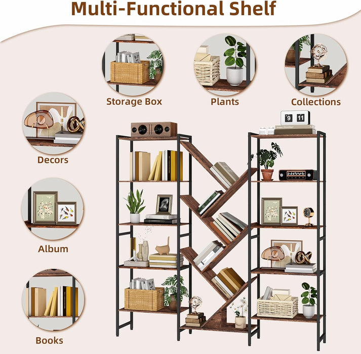 Triple 5 Tier Bookcase, 17 Open Display Shelves Industrial Bookshelf