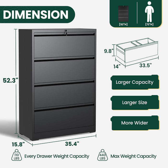 4 Drawer Lateral File Cabinet, Metal Filing Cabinet for Home Office, Black