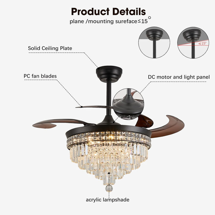 48" Crystal Retractable Ceiling Fan with Light - (Glam, Black)
