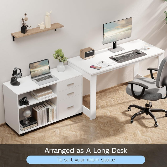 55Inch White L Shaped Desk, Corner Computer Desk with 3 Drawers and 2 Shelves, Writing Office Table with Storage File Cabinet, Large Executive Desk with Wheels for Home Office, Bedroom - ShipItFurniture