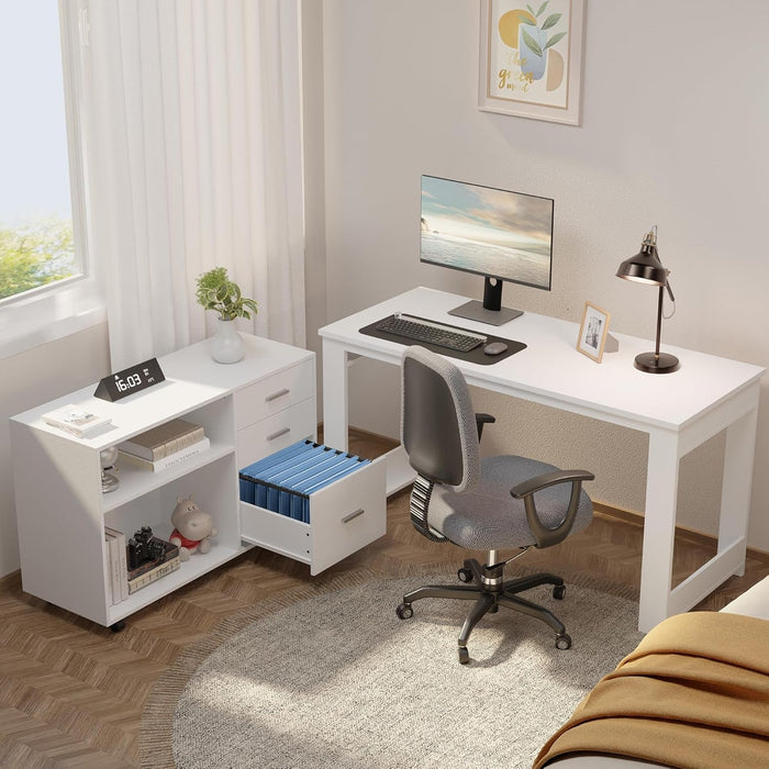 55Inch White L Shaped Desk, Corner Computer Desk with 3 Drawers and 2 Shelves, Writing Office Table with Storage File Cabinet, Large Executive Desk with Wheels for Home Office, Bedroom - ShipItFurniture