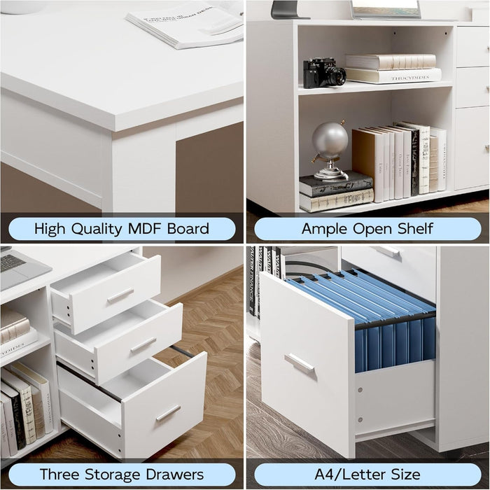 55Inch White L Shaped Desk, Corner Computer Desk with 3 Drawers and 2 Shelves, Writing Office Table with Storage File Cabinet, Large Executive Desk with Wheels for Home Office, Bedroom - ShipItFurniture