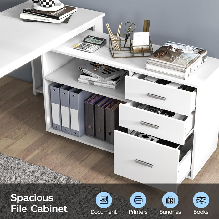 55Inch White L Shaped Desk, Corner Computer Desk with 3 Drawers and 2 Shelves, Writing Office Table with Storage File Cabinet, Large Executive Desk with Wheels for Home Office, Bedroom - ShipItFurniture