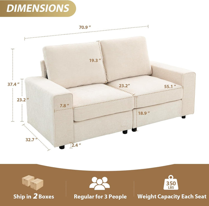 71" Modular Sofa Couch, Comfy Chenille Loveseat Sofa, Modern Recliner Couch with Deep Seats and Wide Armrests for Living Room(Beige, Square Backrest)