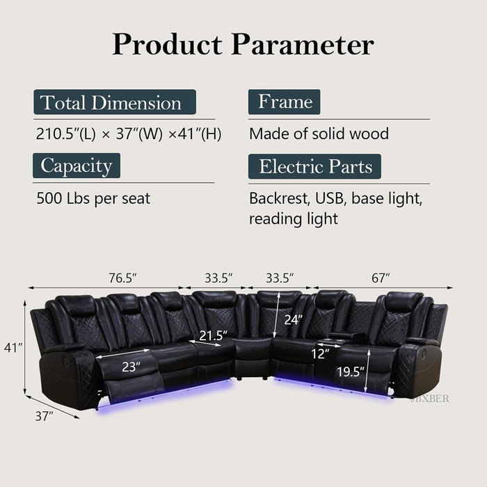 Power Recliner Sectional Sofa Set, Leather Sectional Sofa Sets for Living Room, Power Reclining Sectional Couch with Led Lights, Cup Holder, Wireless Charging, Hidden Storage, Black