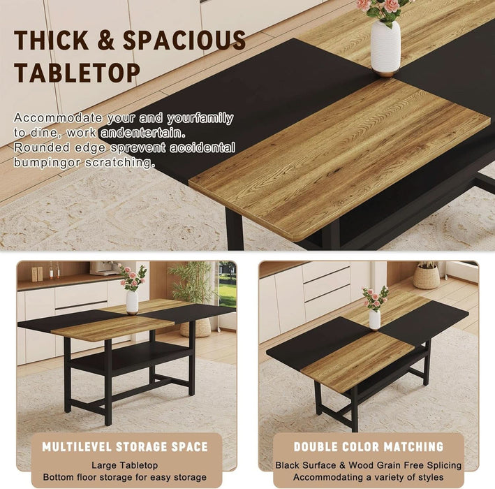 71" Farmhouse Dining Table Set for 6 - Wood Kitchen Table with Storage Shelf and Upholstered Chairs Set,Rectangular Dining Room Tables Set for Kitchen,Industrial Brown & Black Split-Color