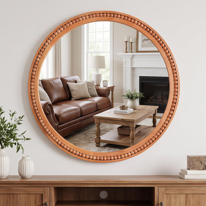 30 Inch round Wall Mirror with Beaded Solid Wood Frame, Decorative Wall Mirror with Tempered Glass, Farmhouse Home Decor for Bathroom, Living Room, Entryway, Yellowish Brown