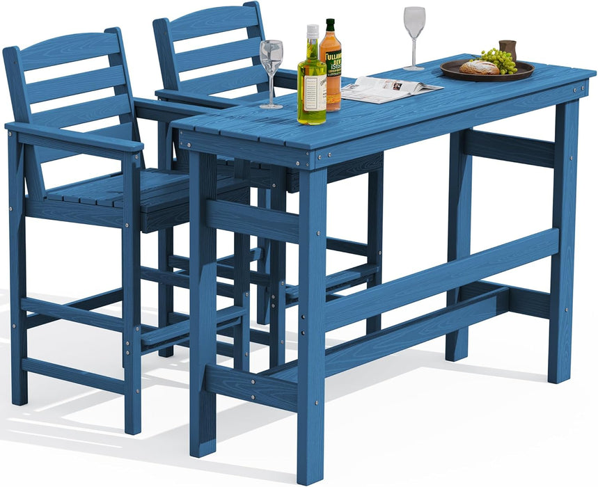 Outdoor Bar Table and Chairs Set, Adirondack Bar Chairs Set of 2 and Bar Height Table, All Weather HDPE Outdoor Patio Bar Set, Outdoor Furniture for Outside, Poolside, Backyard, Garden, Blue