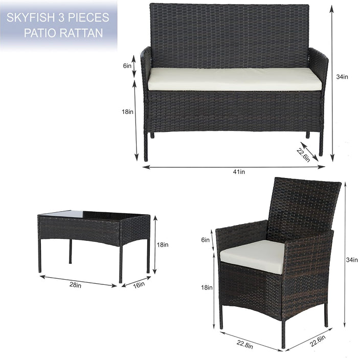 4-Piece Patio Conversation Set Outdoor Furniture with Cushion, Rattan Wicker Chairs, a Sofa and Coffee Table with Tempered Glass Top for Backyard Porch Garden Poolside Balcony (Brown+Beige)